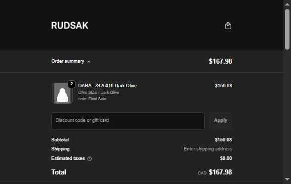 Rudsak checkout page showing Rudsak coupon code box | Screenshot taken by SimplyCodes community member on Feb 17, 2026