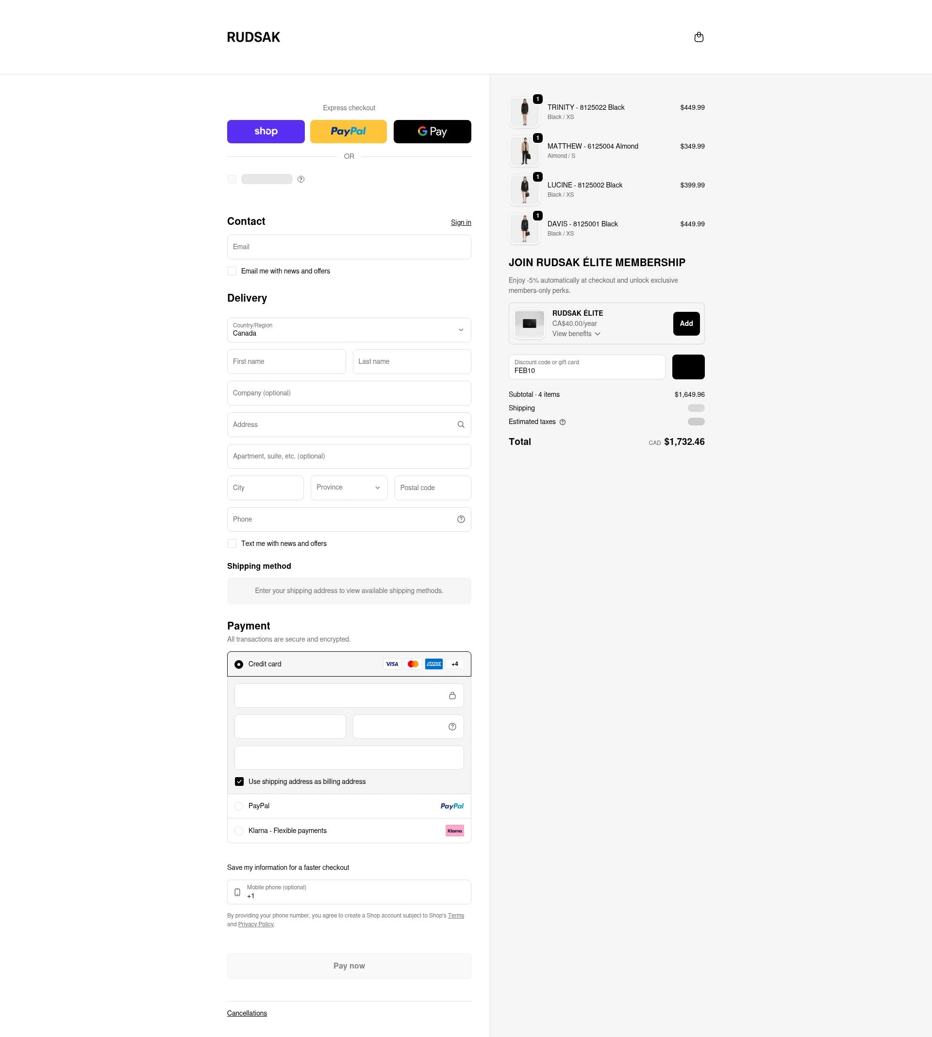 Rudsak checkout page showing Rudsak coupon code box | Screenshot taken by SimplyCodes community member on Feb 18, 2026