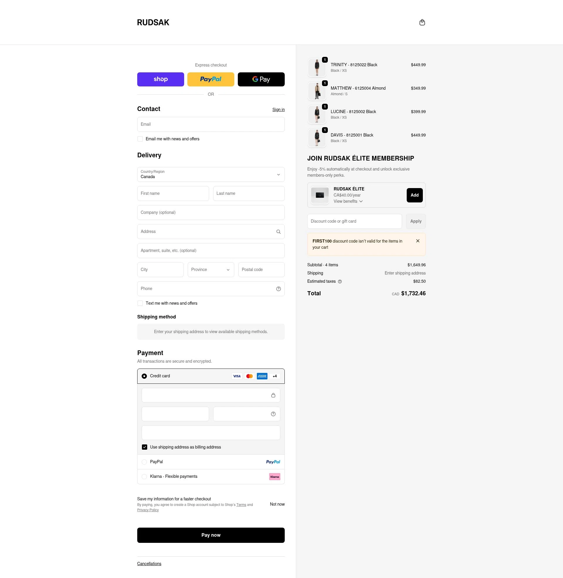 Rudsak checkout page showing Rudsak coupon code box | Screenshot taken by SimplyCodes community member on Feb 18, 2026