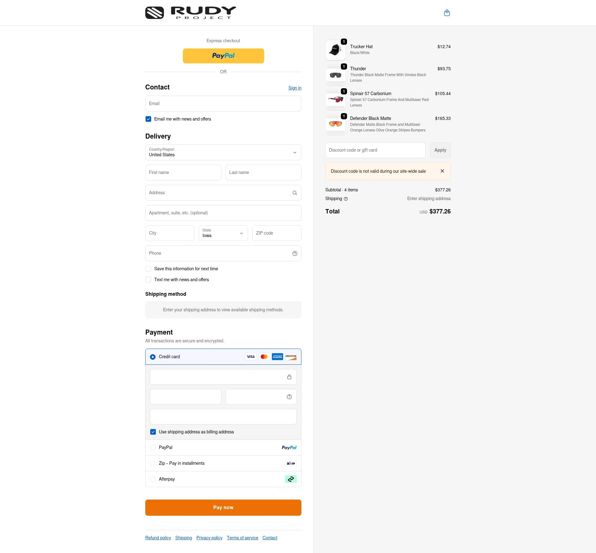 Rudy Project NA checkout page showing Rudy Project NA promo code box | Screenshot taken by SimplyCodes community member on Feb 17, 2026