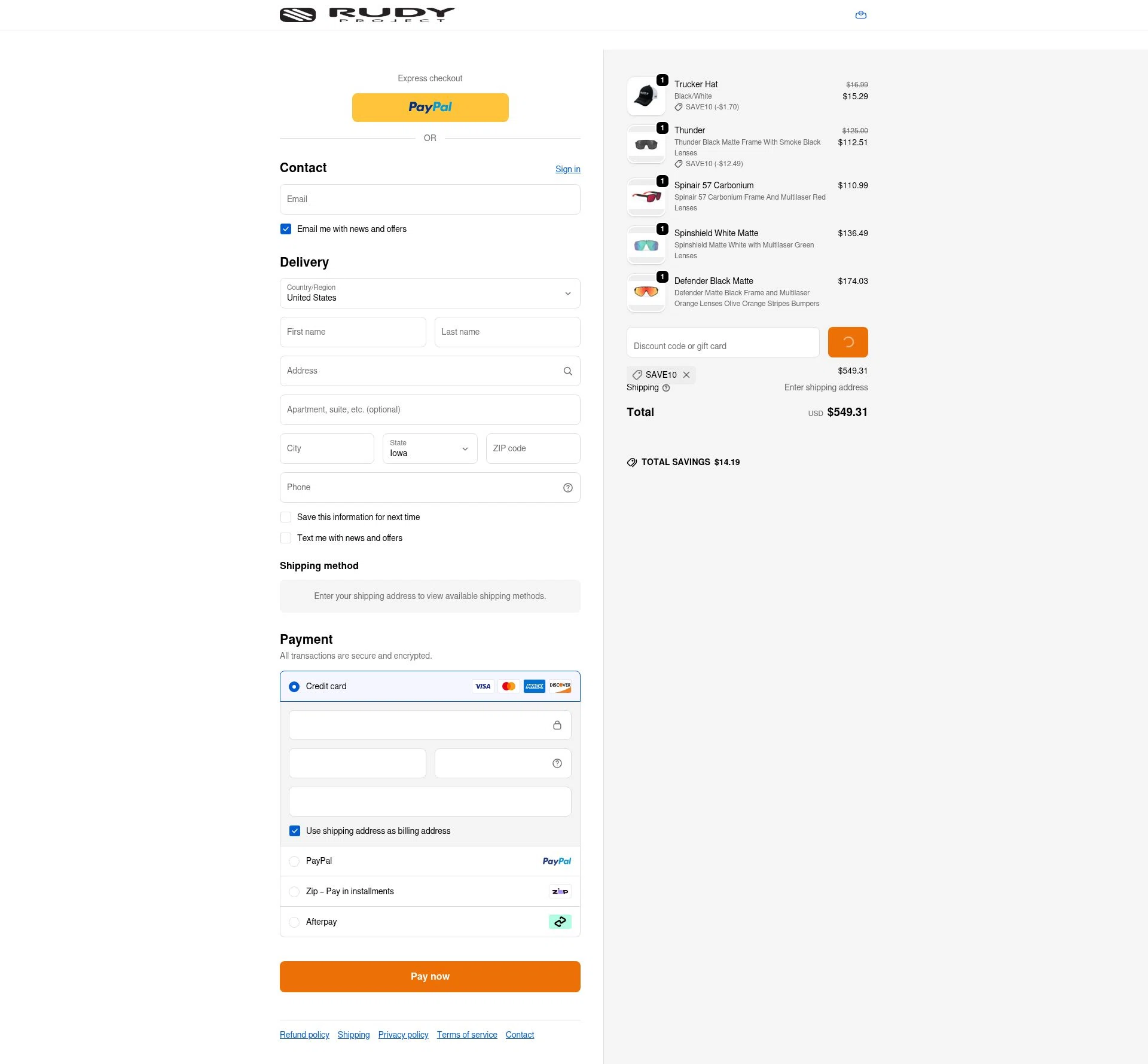 Rudy Project NA checkout page showing Rudy Project NA promo code box | Screenshot taken by SimplyCodes community member on Feb 8, 2026