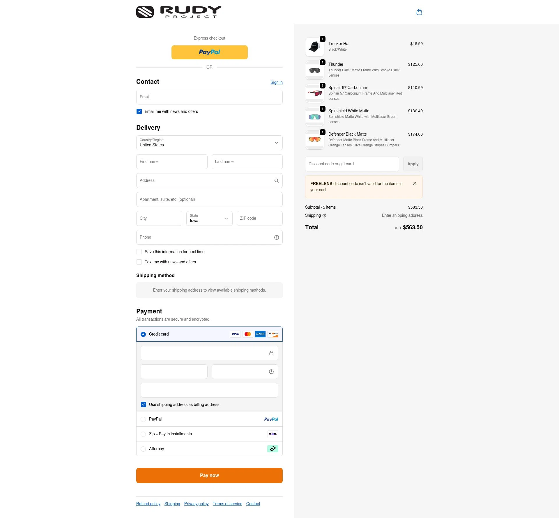 Rudy Project NA checkout page showing Rudy Project NA promo code box | Screenshot taken by SimplyCodes community member on Feb 8, 2026