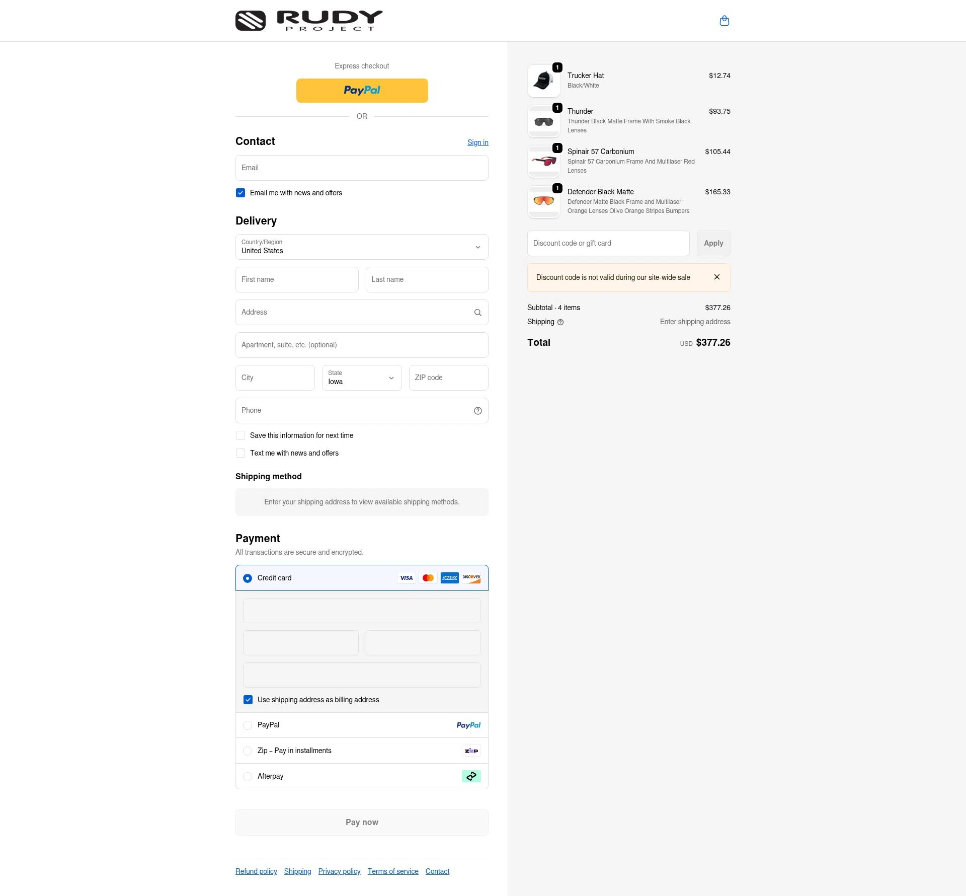 Rudy Project NA checkout page showing Rudy Project NA promo code box | Screenshot taken by SimplyCodes community member on Feb 17, 2026