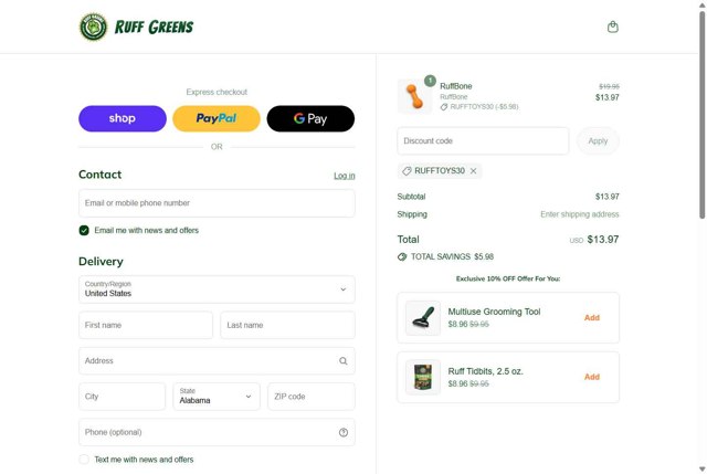 Ruff Greens checkout page showing Ruff Greens discount code box | Screenshot taken by SimplyCodes community member on Sep 3, 2025