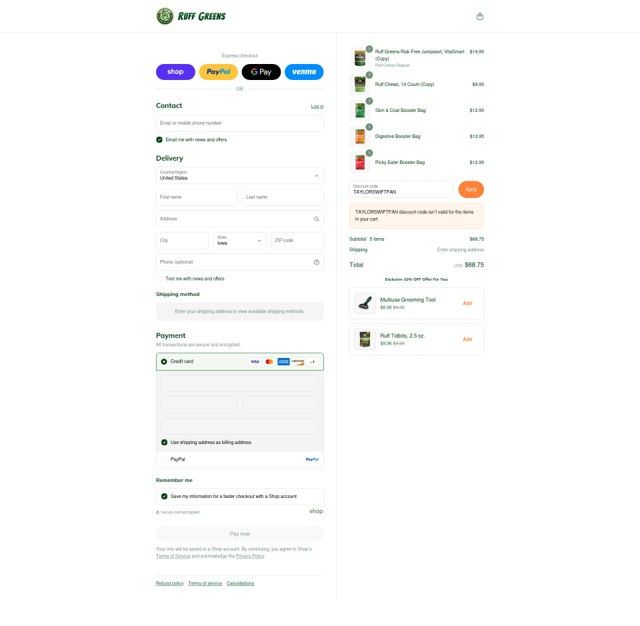 Ruff Greens checkout page showing Ruff Greens discount code box | Screenshot taken by SimplyCodes community member on Sep 3, 2025