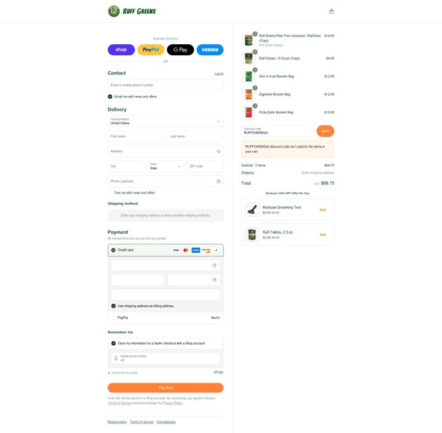Ruff Greens checkout page showing Ruff Greens discount code box | Screenshot taken by SimplyCodes community member on Sep 3, 2025