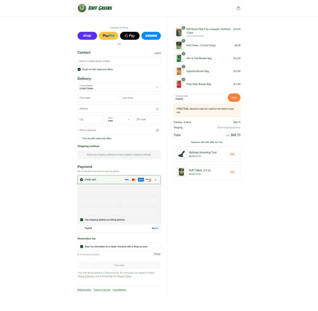 Ruff Greens checkout page showing Ruff Greens discount code box | Screenshot taken by SimplyCodes community member on Sep 3, 2025