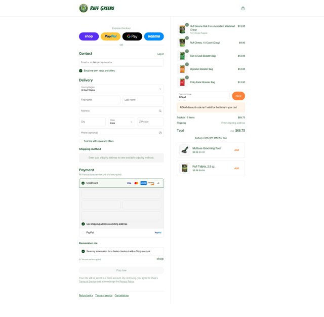 Ruff Greens checkout page showing Ruff Greens discount code box | Screenshot taken by SimplyCodes community member on Sep 3, 2025