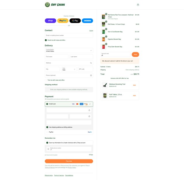 Ruff Greens checkout page showing Ruff Greens discount code box | Screenshot taken by SimplyCodes community member on Sep 3, 2025
