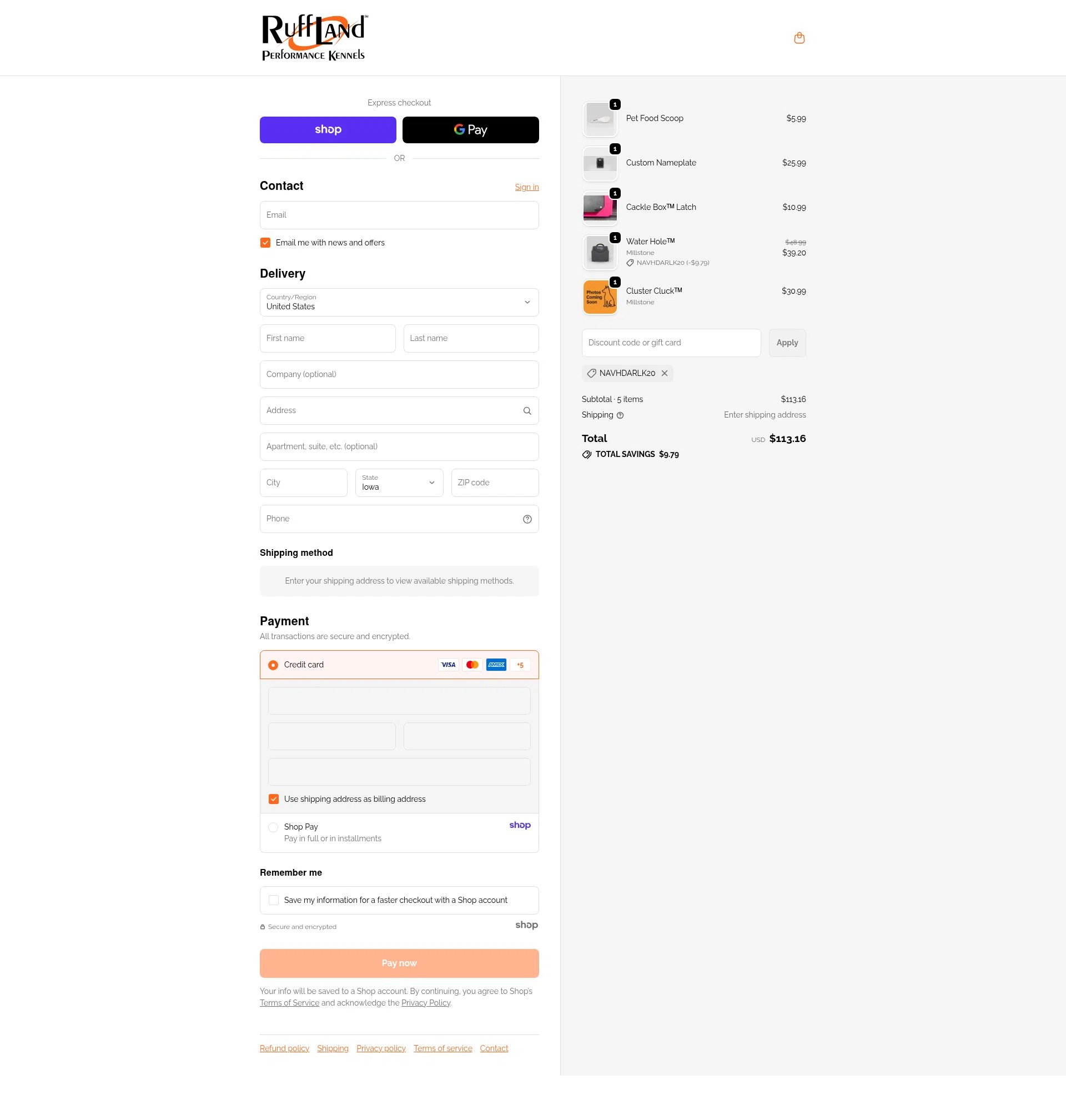 Ruff Land Kennels checkout page showing Ruff Land Kennels promo code box | Screenshot taken by SimplyCodes community member on Oct 26, 2025