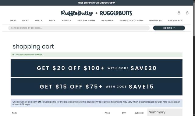 RuffleButts checkout page showing RuffleButts coupon code box | Screenshot taken by SimplyCodes community member on Sep 14, 2025