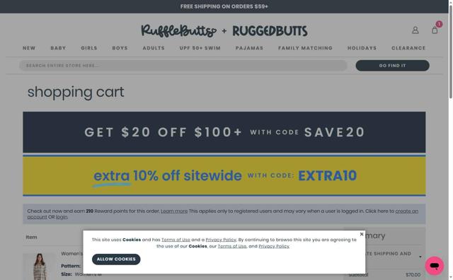 RuffleButts checkout page showing RuffleButts coupon code box | Screenshot taken by SimplyCodes community member on Sep 6, 2025
