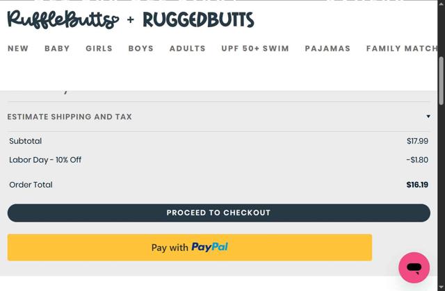 RuffleButts checkout page showing RuffleButts coupon code box | Screenshot taken by SimplyCodes community member on Sep 1, 2025