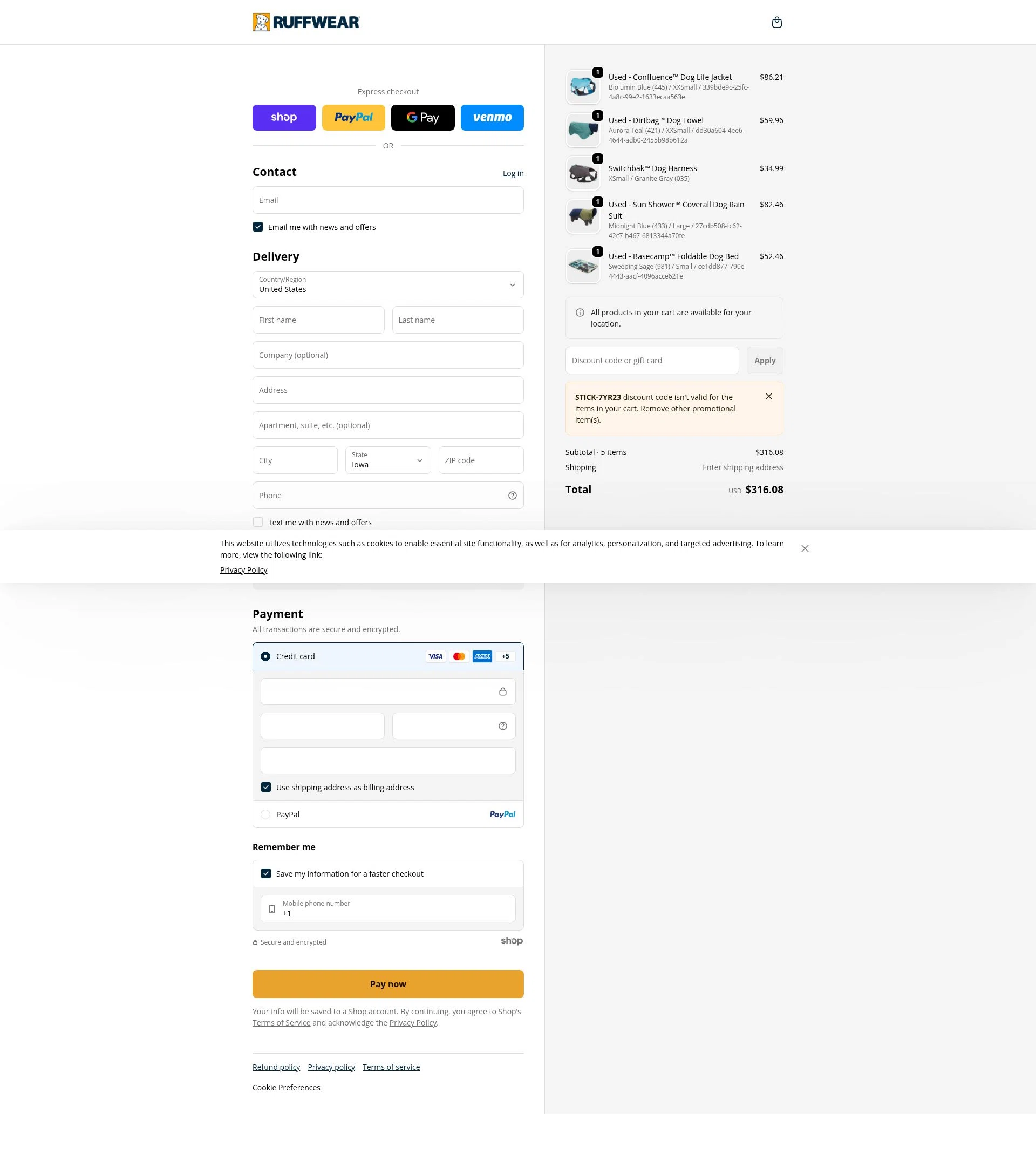 Ruff Wear checkout page showing Ruff Wear discount code box | Screenshot taken by SimplyCodes community member on Jan 28, 2026
