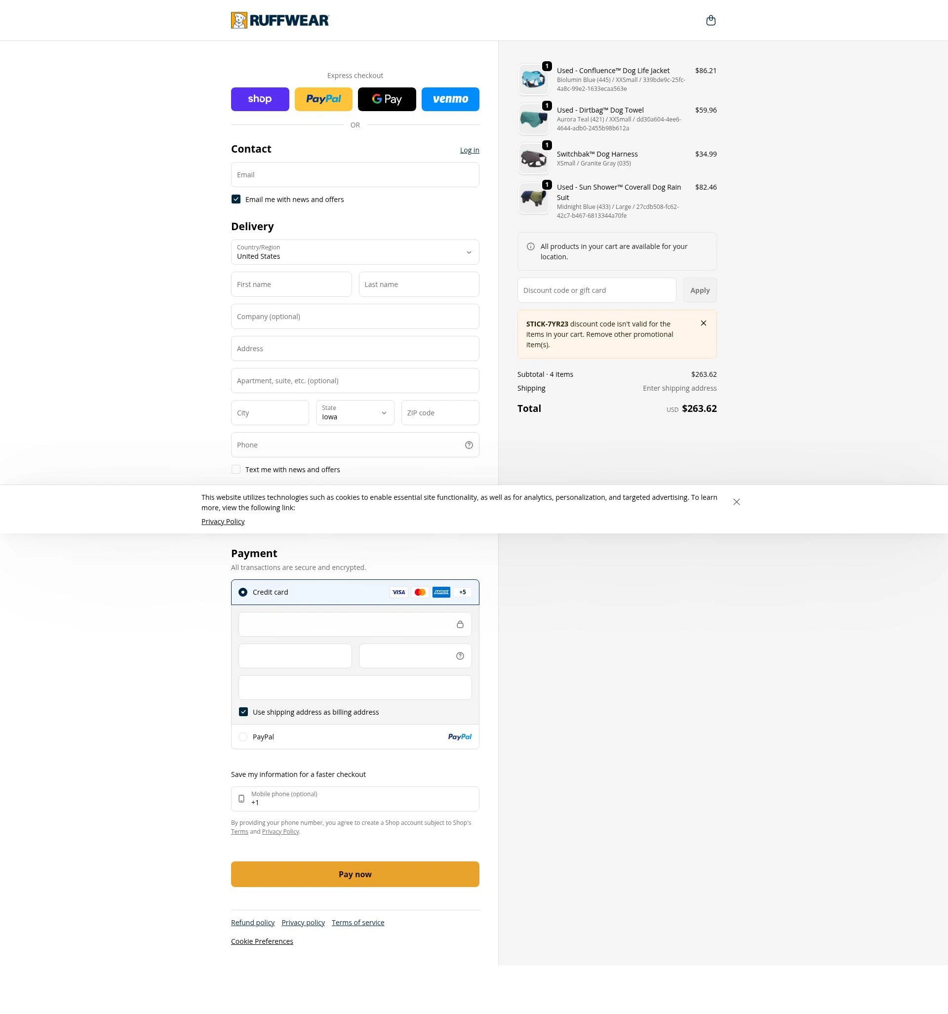 Ruff Wear checkout page showing Ruff Wear discount code box | Screenshot taken by SimplyCodes community member on Feb 2, 2026