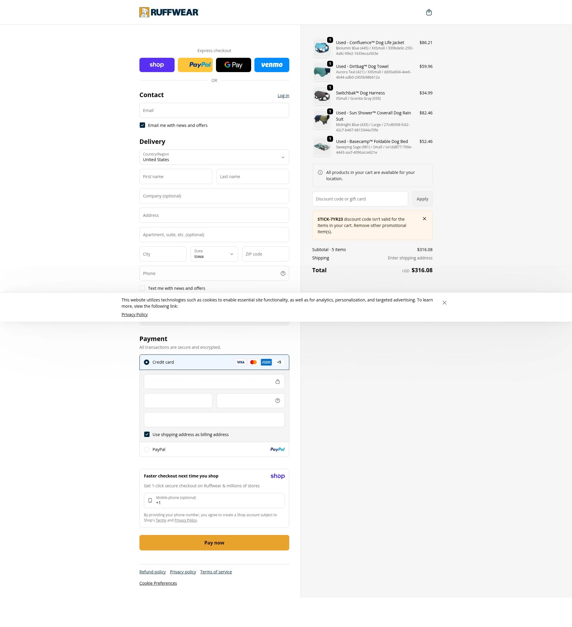Ruff Wear checkout page showing Ruff Wear discount code box | Screenshot taken by SimplyCodes community member on Jan 14, 2026