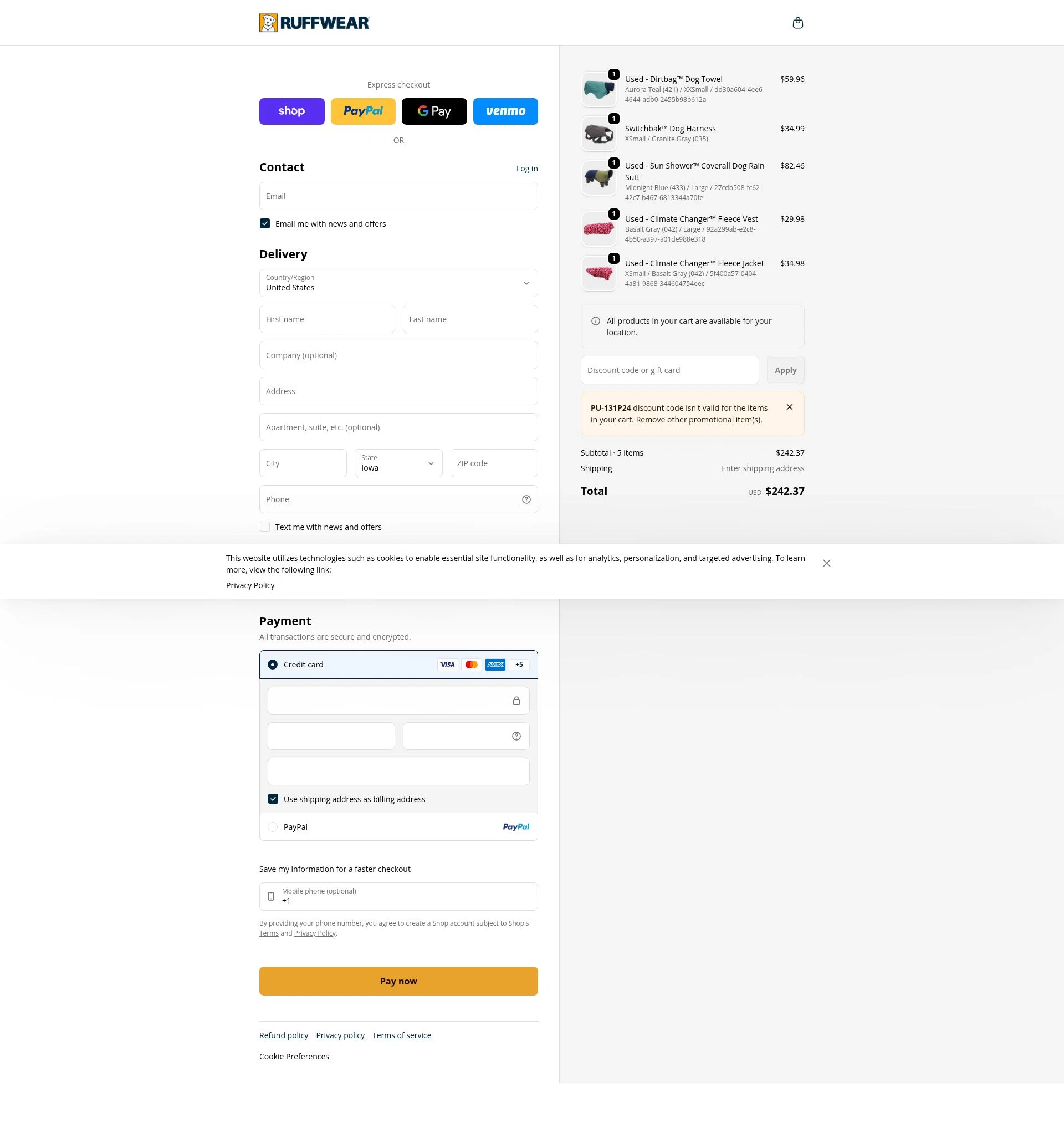 Ruff Wear checkout page showing Ruff Wear discount code box | Screenshot taken by SimplyCodes community member on Feb 6, 2026