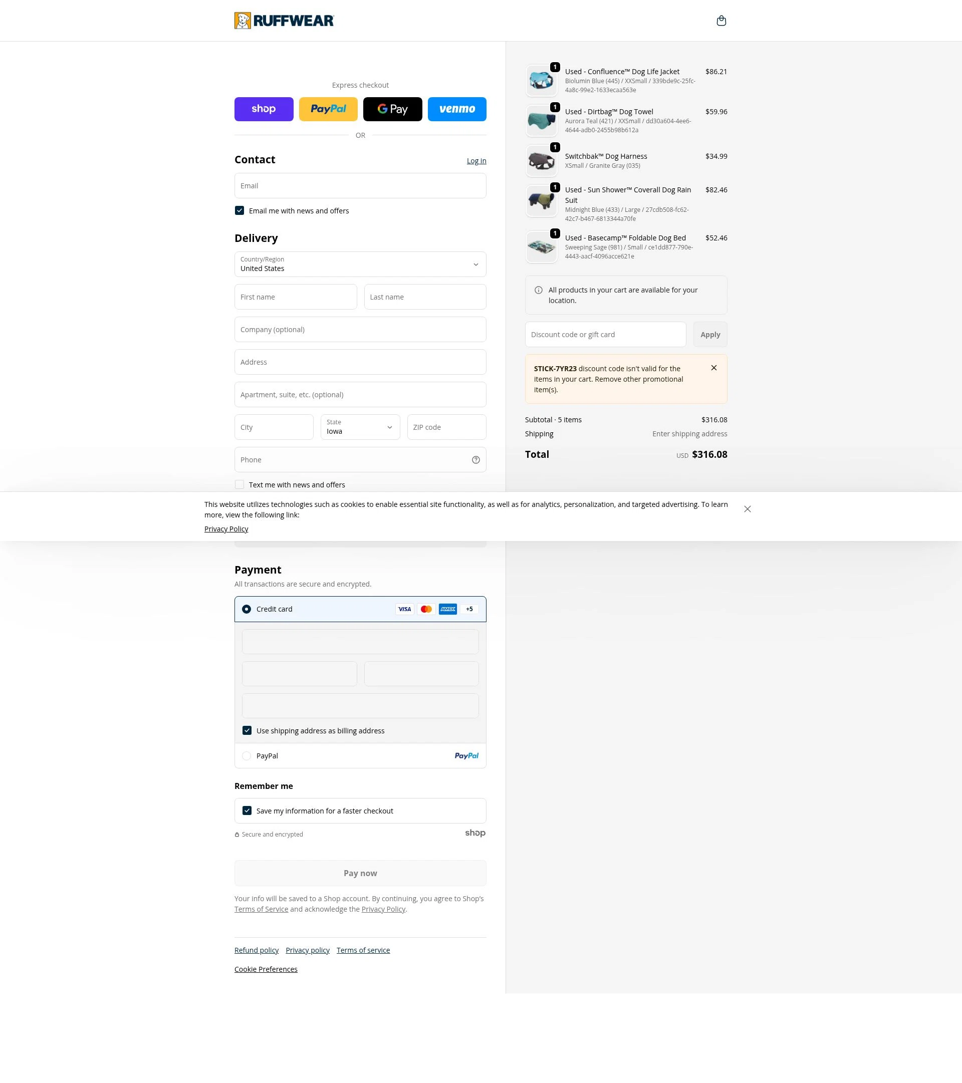 Ruff Wear checkout page showing Ruff Wear discount code box | Screenshot taken by SimplyCodes community member on Jan 24, 2026