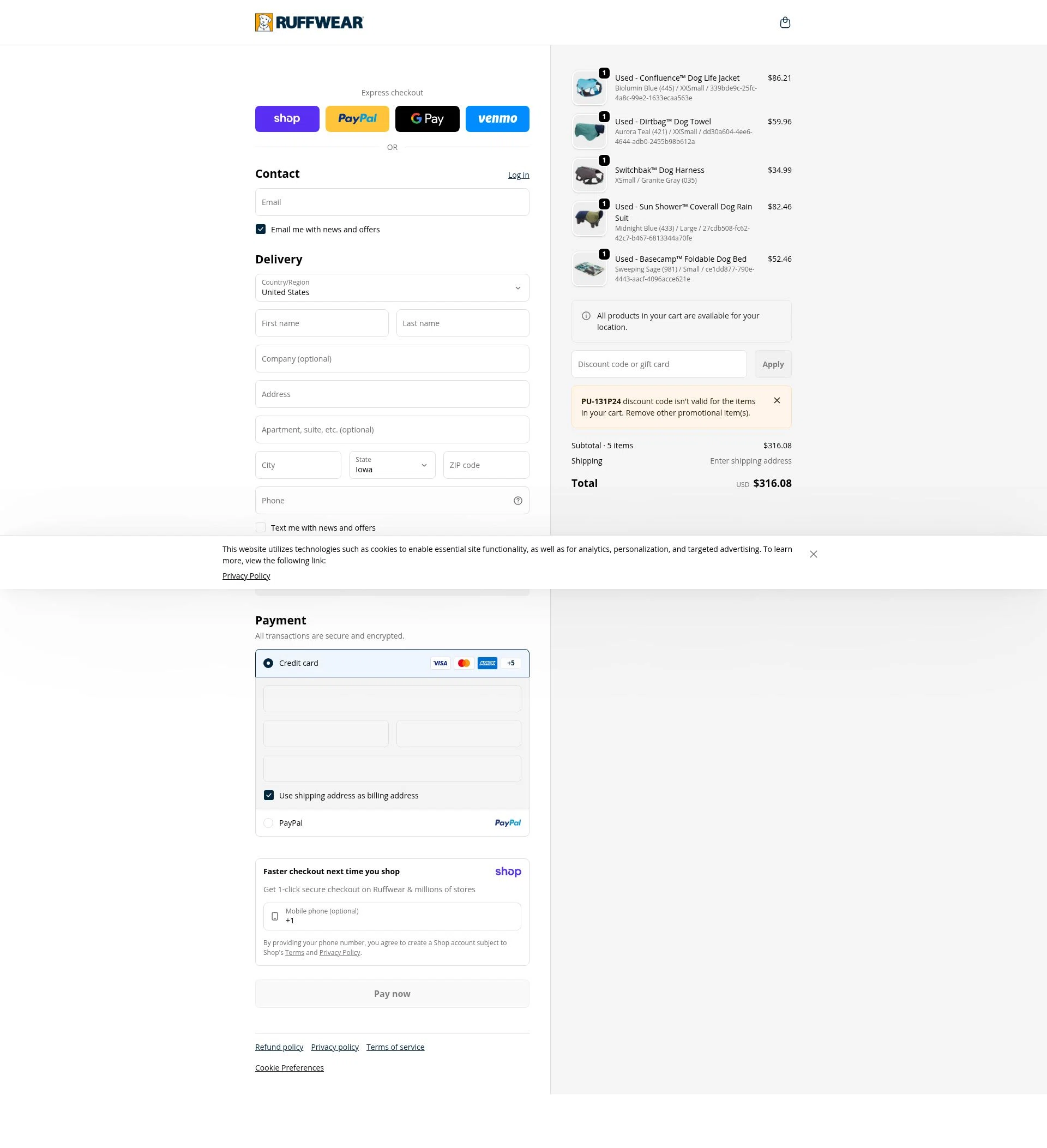 Ruff Wear checkout page showing Ruff Wear discount code box | Screenshot taken by SimplyCodes community member on Jan 14, 2026