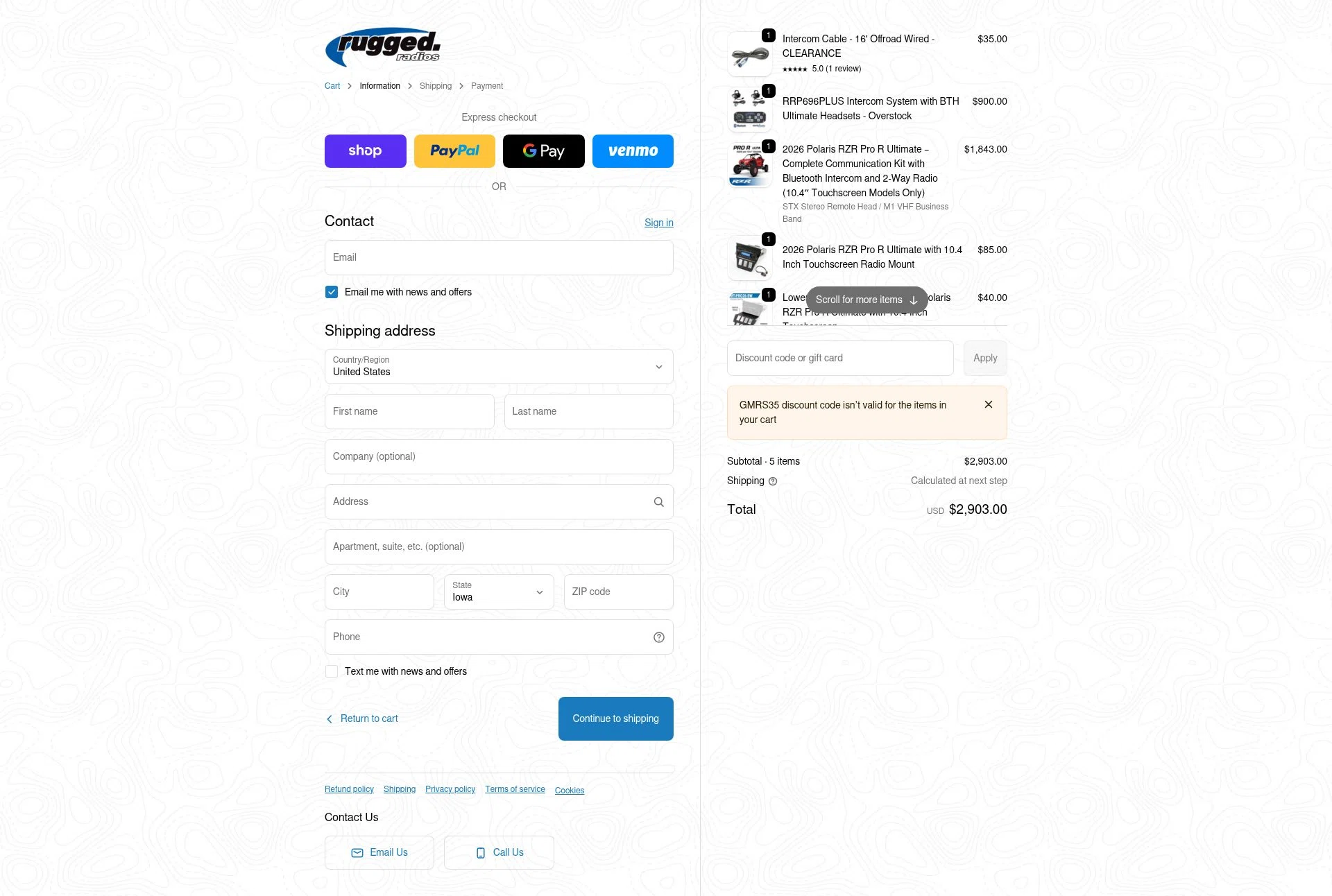 Rugged Radios checkout page showing Rugged Radios discount code box | Screenshot taken by SimplyCodes community member on Feb 6, 2026