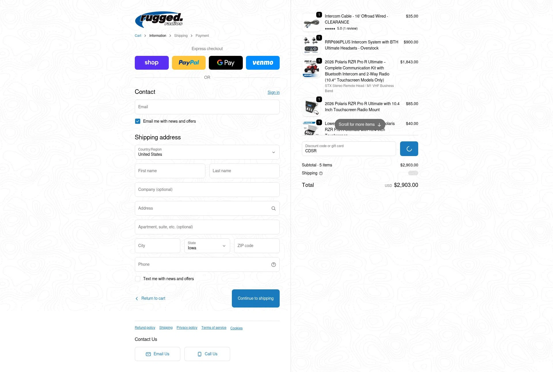 Rugged Radios checkout page showing Rugged Radios discount code box | Screenshot taken by SimplyCodes community member on Feb 10, 2026