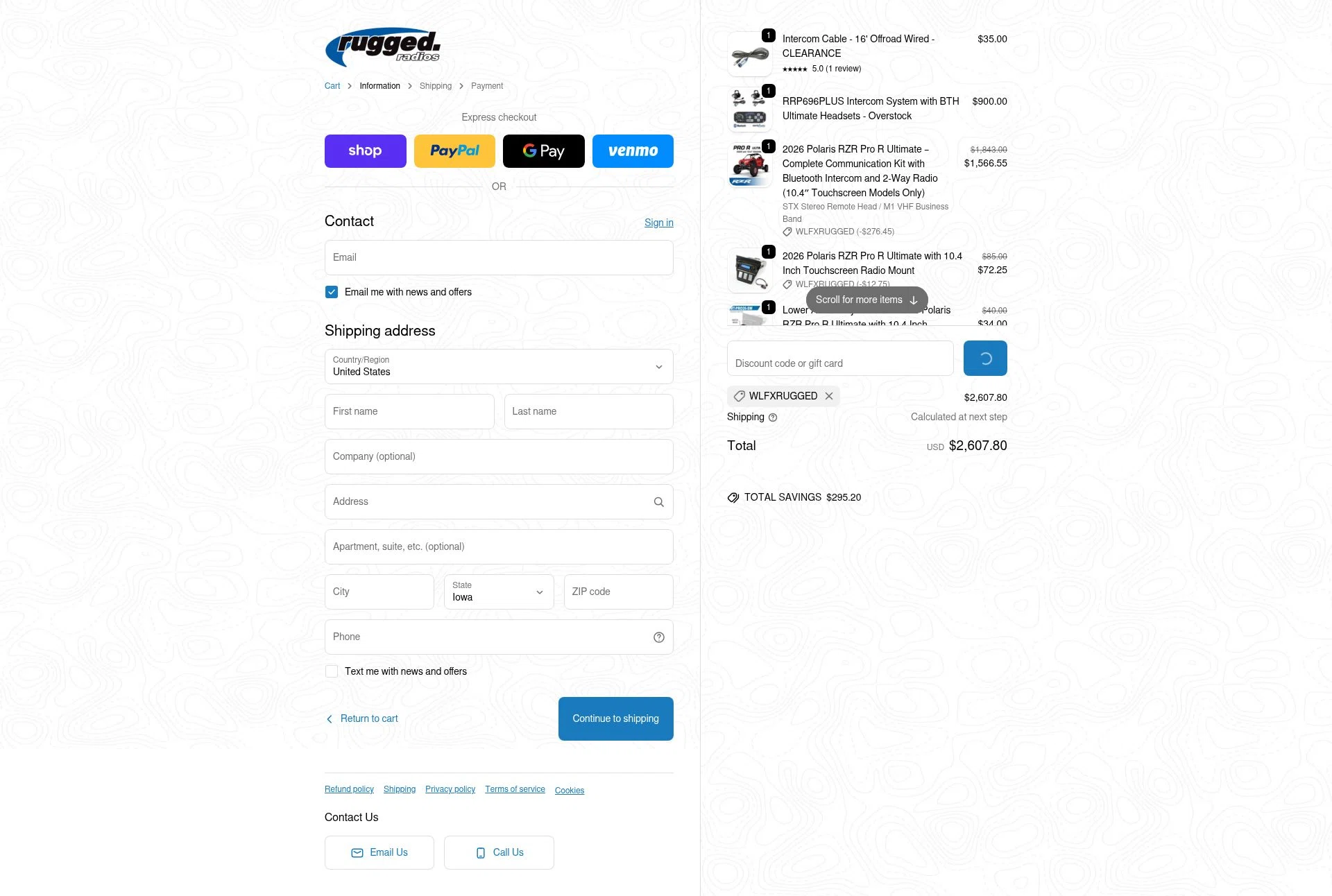 Rugged Radios checkout page showing Rugged Radios discount code box | Screenshot taken by SimplyCodes community member on Feb 10, 2026