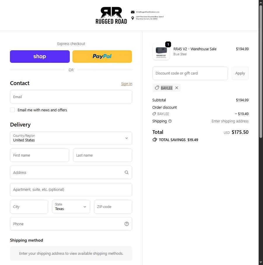 Rugged Road Outdoors checkout page showing Rugged Road Outdoors discount code box | Screenshot taken by SimplyCodes community member on Feb 19, 2026