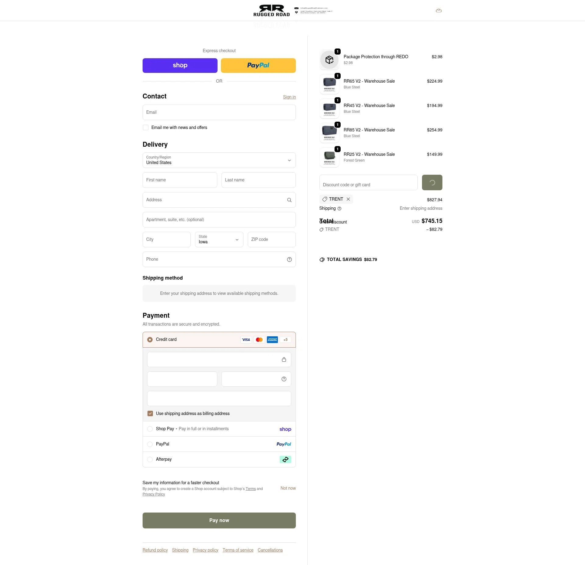 Rugged Road Outdoors checkout page showing Rugged Road Outdoors discount code box | Screenshot taken by SimplyCodes community member on Feb 19, 2026