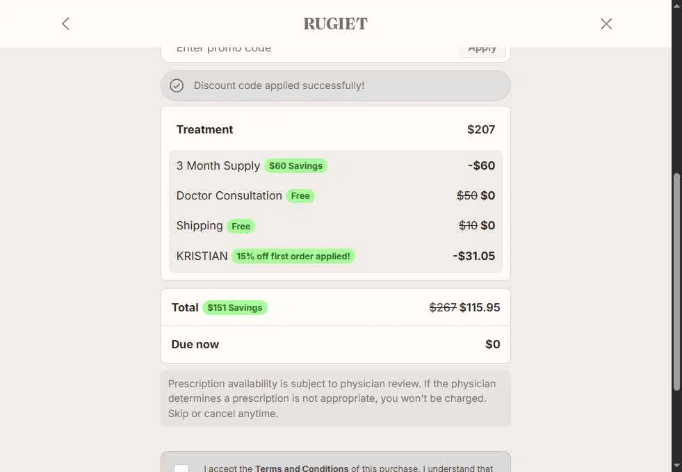 Rugiet Men's Health Clinic checkout page showing Rugiet Men's Health Clinic promo code box | Screenshot taken by SimplyCodes community member on Nov 3, 2025
