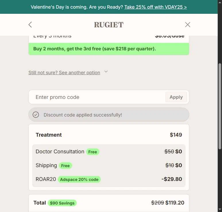 Rugiet Men's Health Clinic checkout page showing Rugiet Men's Health Clinic promo code box | Screenshot taken by SimplyCodes community member on Feb 13, 2026