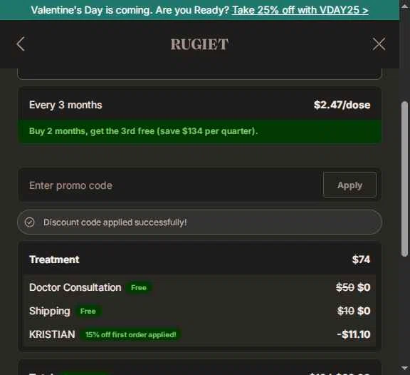 Rugiet Men's Health Clinic checkout page showing Rugiet Men's Health Clinic promo code box | Screenshot taken by SimplyCodes community member on Feb 12, 2026