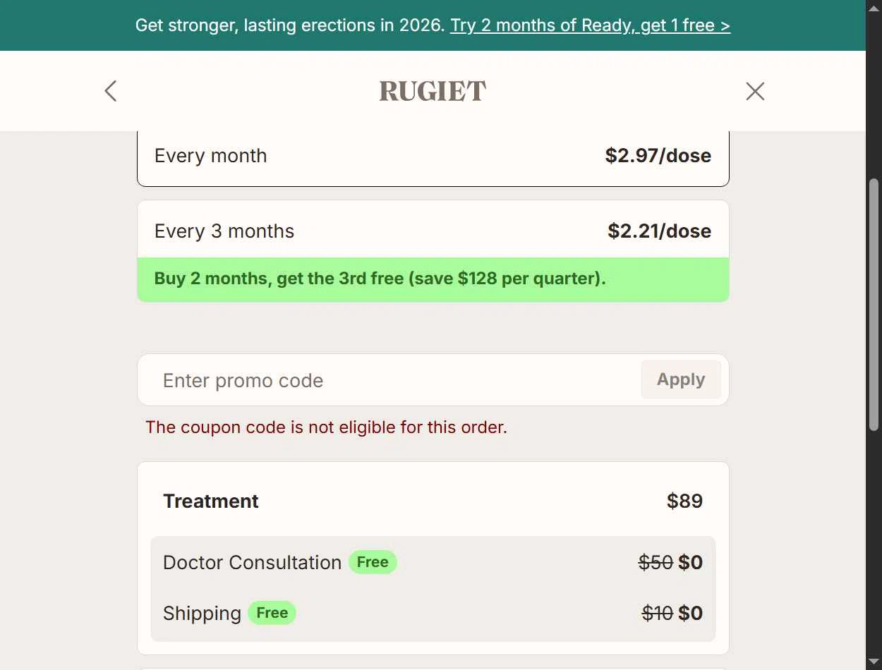 Rugiet Men's Health Clinic checkout page showing Rugiet Men's Health Clinic promo code box | Screenshot taken by SimplyCodes community member on Jan 6, 2026