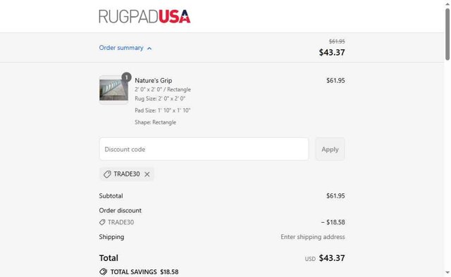 Rug Pad USA checkout page showing Rug Pad USA promo code box | Screenshot taken by SimplyCodes community member on Sep 1, 2025