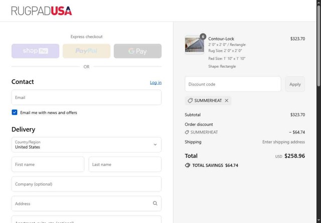 Rug Pad USA checkout page showing Rug Pad USA promo code box | Screenshot taken by SimplyCodes community member on Aug 23, 2025