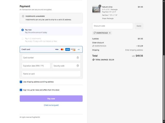 Rug Pad USA checkout page showing Rug Pad USA promo code box | Screenshot taken by SimplyCodes community member on Aug 28, 2025