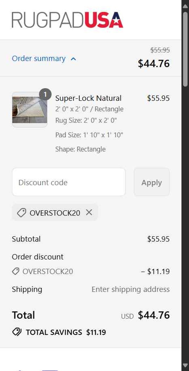 Rug Pad USA checkout page showing Rug Pad USA promo code box | Screenshot taken by SimplyCodes community member on Aug 17, 2025