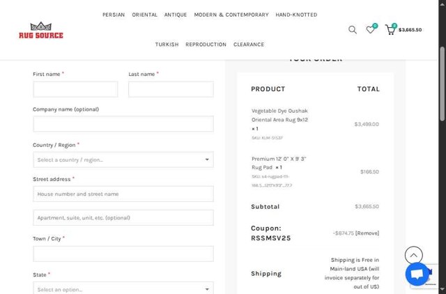 Rugsource checkout page showing Rugsource promo code box | Screenshot taken by SimplyCodes community member on Aug 5, 2025