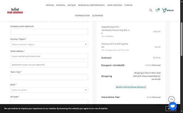 Rugsource checkout page showing Rugsource promo code box | Screenshot taken by SimplyCodes community member on Jul 3, 2025