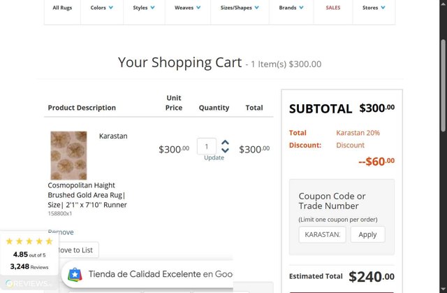 Rug Studio checkout page showing Rug Studio coupon code box | Screenshot taken by SimplyCodes community member on Jul 21, 2025