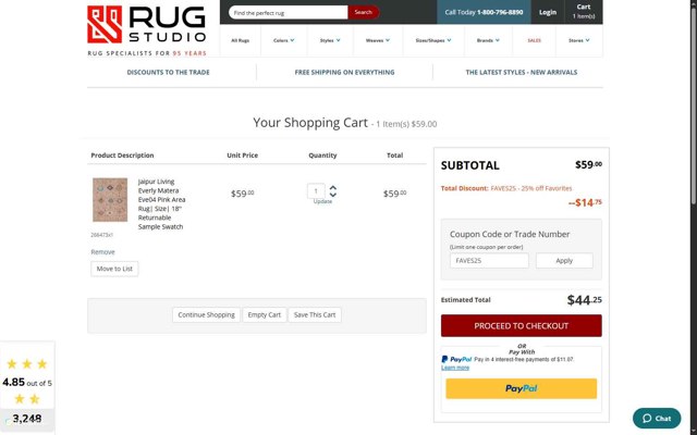 Rug Studio checkout page showing Rug Studio coupon code box | Screenshot taken by SimplyCodes community member on Aug 14, 2025