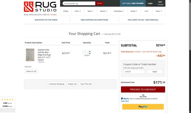 Rug Studio checkout page showing Rug Studio coupon code box | Screenshot taken by SimplyCodes community member on Sep 8, 2025