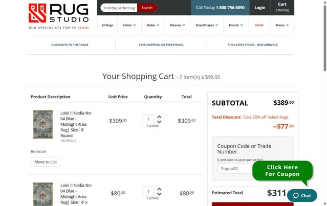 Rug Studio checkout page showing Rug Studio coupon code box | Screenshot taken by SimplyCodes community member on Jul 31, 2025