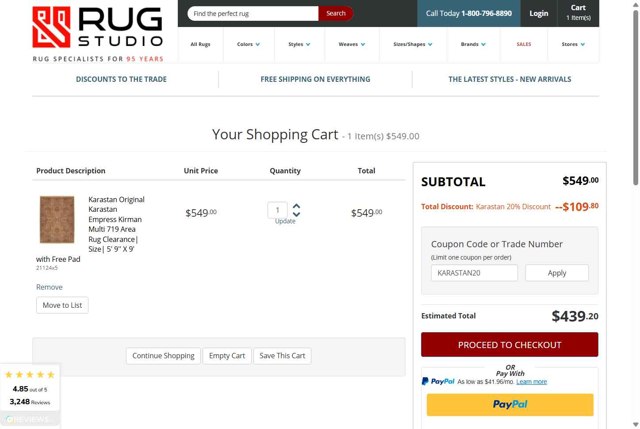Rug Studio checkout page showing Rug Studio coupon code box | Screenshot taken by SimplyCodes community member on Sep 8, 2025