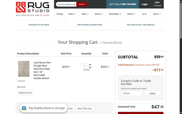 Rug Studio checkout page showing Rug Studio coupon code box | Screenshot taken by SimplyCodes community member on Sep 8, 2025
