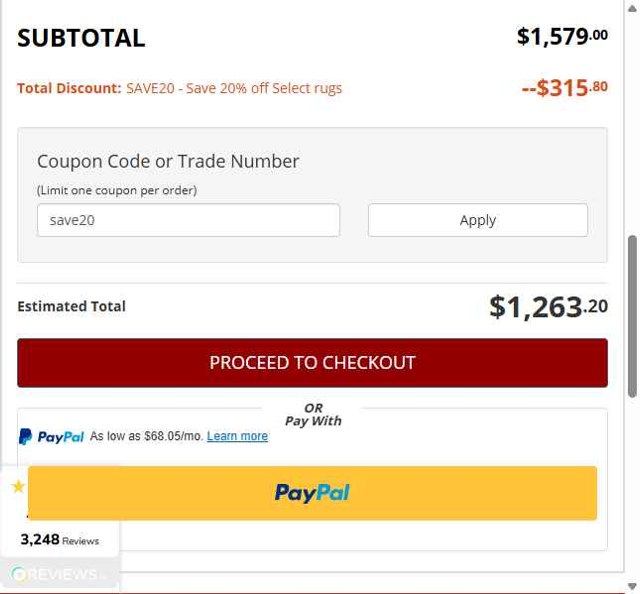 Rug Studio checkout page showing Rug Studio coupon code box | Screenshot taken by SimplyCodes community member on Jul 21, 2025