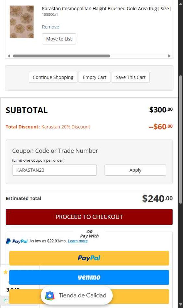 Rug Studio checkout page showing Rug Studio coupon code box | Screenshot taken by SimplyCodes community member on Sep 8, 2025