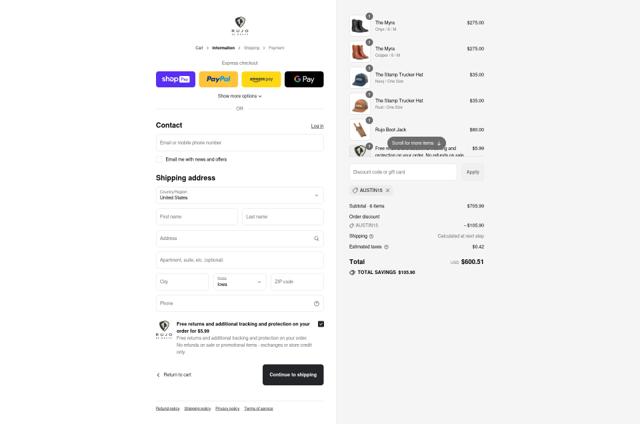 RUJO Boots checkout page showing RUJO Boots discount code box | Screenshot taken by SimplyCodes community member on Jul 13, 2025