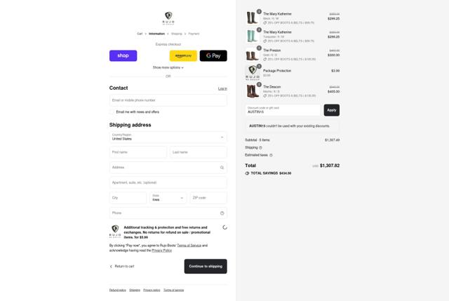 RUJO Boots checkout page showing RUJO Boots discount code box | Screenshot taken by SimplyCodes community member on Aug 30, 2025