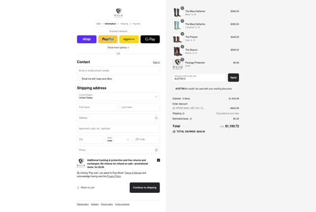 RUJO Boots checkout page showing RUJO Boots discount code box | Screenshot taken by SimplyCodes community member on Sep 11, 2025