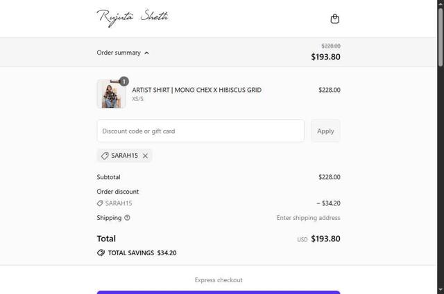 Rujuta Sheth checkout page showing Rujuta Sheth promo code box | Screenshot taken by SimplyCodes community member on Sep 10, 2025